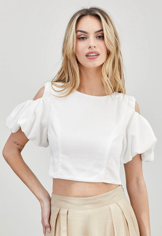Do+Be White Crop Puff Sleeve Top
